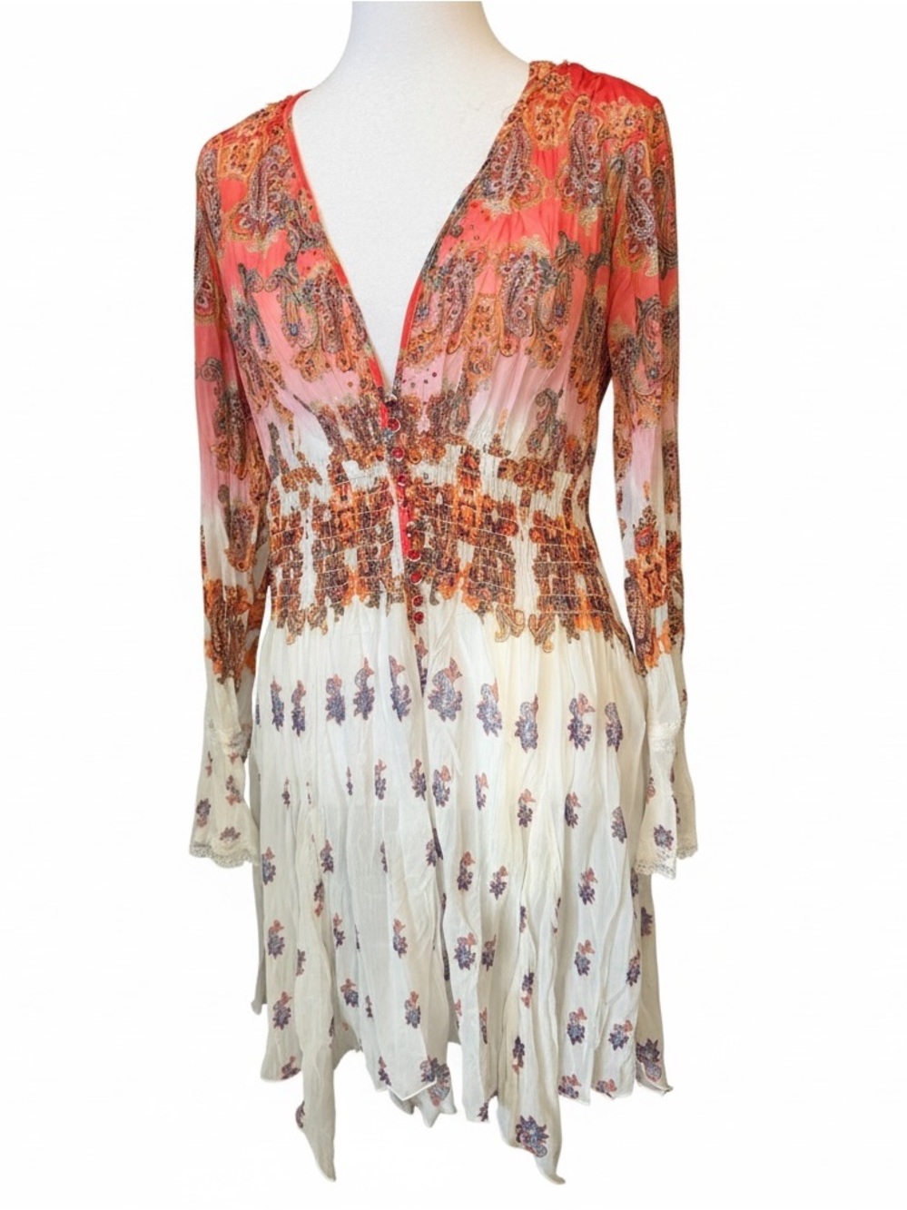 Boho Coral and Cream V-Neck Smocked Waist Blouse
